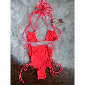We Are Hah Hi-Kini High Waist Lace Up Bikini Neon Orange Small NEW